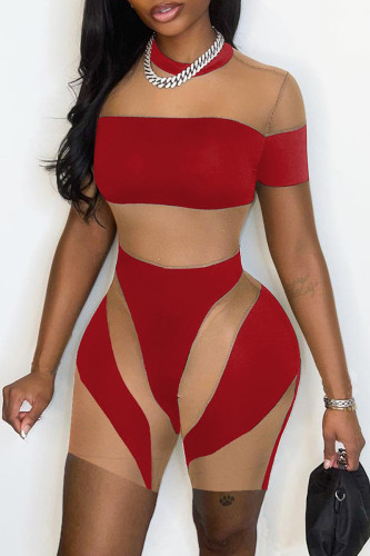 Red Sexy Patchwork See-through Contrast O Neck Skinny Romper