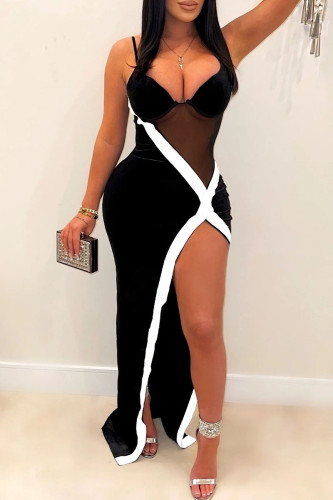 Black Sexy Solid Patchwork See-through Slit Spaghetti Strap Sling Dress Dresses