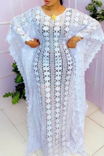 Vestido longo branco casual transparente transparente com decote em O vestidos tamanho grande