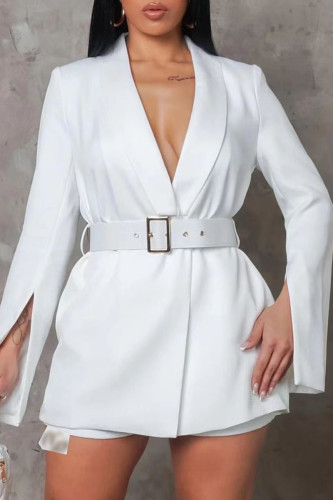 Robes blanches décontractées solides fendues avec ceinture col en V manches longues