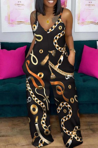 Black Gold Sexy Casual Print Backless Spaghetti Strap Regular Jumpsuits