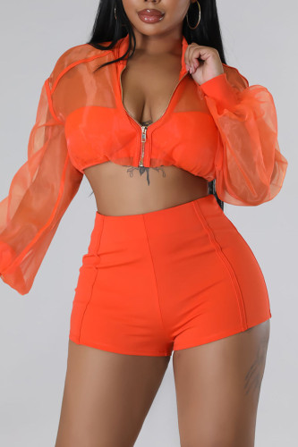 Tangerine Red Sexy Solid Patchwork Zipper Long Sleeve Two Pieces