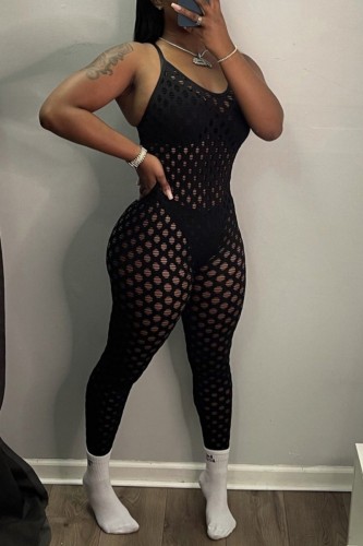 Black Sexy Solid Hollowed Out See-through Backless Spaghetti Strap Skinny Jumpsuits