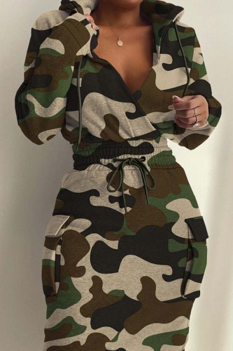 Camouflage Casual Print Patchwork V-hals Långärmad Plus Size Klänningar