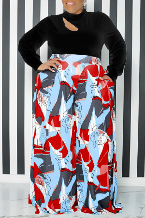 Red Casual Print Hollowed Out Patchwork Half A Turtleneck Plus Size Two Pieces