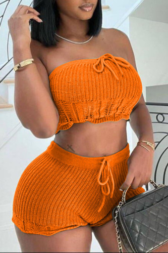 Orange Sexy Solid Patchwork Strapless Sleeveless Two Pieces
