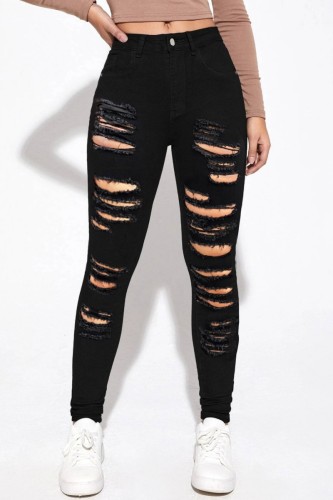 Jeans jeans skinny preto casual liso rasgado patchwork cintura alta