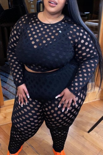 Black Sexy Casual Solid Hollowed Out See-through O Neck Plus Size Two Pieces