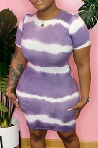 Purple Casual Print Tie-dye O Neck Short Sleeve Dress Plus Size Dresses