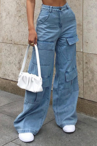 Blå Casual Solid Patchwork Mid Waist Loose Denim Jeans