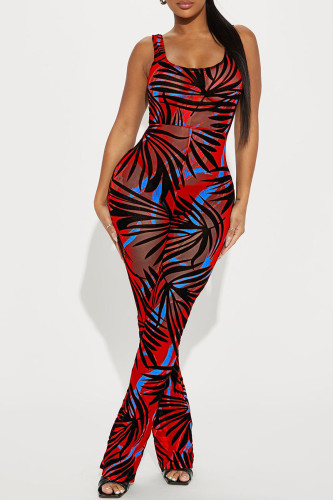 Red Sexy Print Patchwork See-through U Neck Skinny Jumpsuits