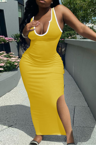 Yellow Sexy Solid Patchwork U Neck Pencil Skirt Dresses