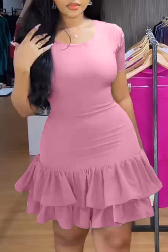 Vestidos de saia bolo com decote em bico casual rosa sexy liso