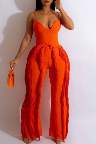 Tangerine Red Sexy Street Solid Tassel Patchwork Spaghetti Strap Sans Manches Deux Pièces