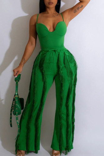 Green Sexy Street Solid Tassel Patchwork Spaghetti Strap Sleeveless Two Pieces