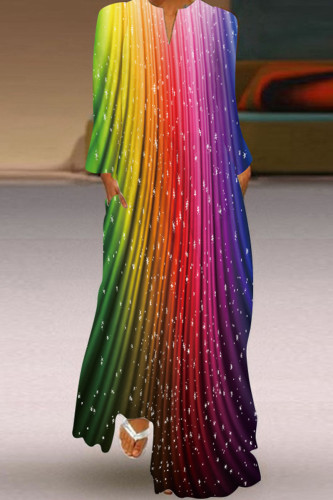 Rainbow Color Vintage Elegant Print Patchwork V-hals Raka klänningar