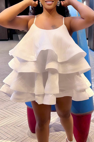 Cream White Sexy Solid Flounce Spaghetti Strap Cake Skirt Dresses
