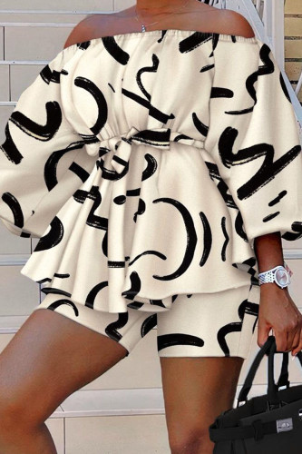 Black And White Casual Street Print Bandage Patchwork Off the Shoulder Three Quarter Two Pieces