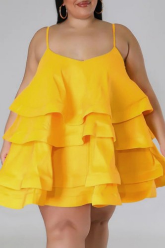 Yellow Sexy Casual Solid Patchwork Backless Spaghetti Strap Sling Dress Plus Size Dresses