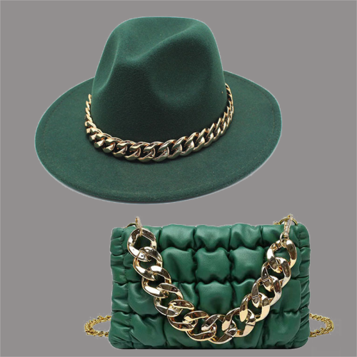 Chapeau de chaînes de patchwork de célébrités de la rue vert encre (chapeau + sac)