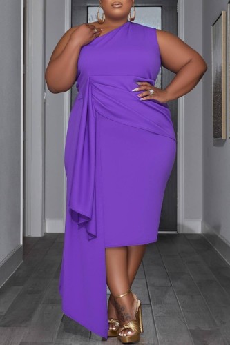 Purple Casual Solid Patchwork Oblique Collar Sleeveless Dress Plus Size Dresses