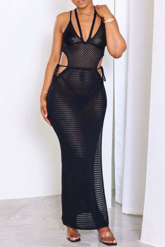 Black Sexy Solid Bandage See-through Backless Slit V Neck Long Dress Dresses