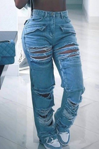 Jeans jeans regular de cintura alta casual liso rasgado com patchwork azul celeste