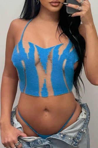 Azul Sexy Patchwork Bandagem Transparente Sem Costas Tops Halter