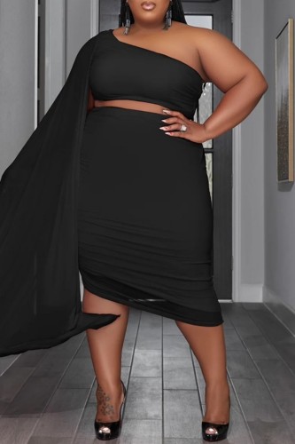 Black Sexy Solid Patchwork Backless Oblique Collar Plus Size Two Pieces