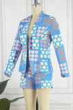 Multicolor Casual Print Cardigan Turn-back Collar Long Sleeve Two Pieces