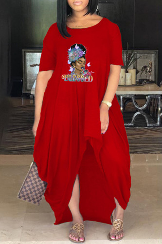 Red Casual Print Basic O Neck Short Sleeve Dress Plus Size Dresses