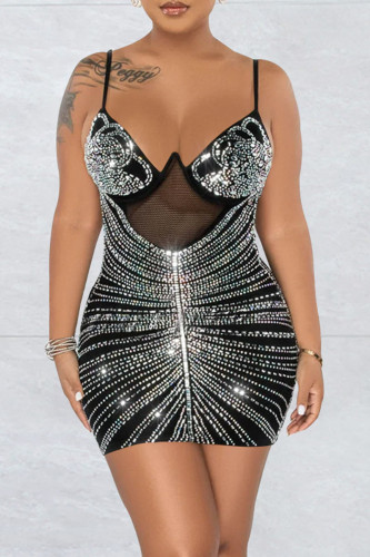 Black Sexy Hot Drilling See-through Backless Spaghetti Strap Sleeveless Mini Club Dress