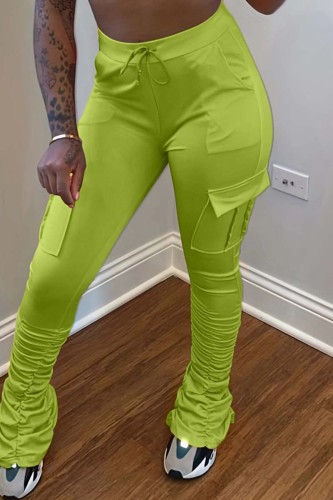 Verde fluorescente Casual Solido Patchwork Fold Skinny Vita alta Pantaloni tinta unita convenzionali