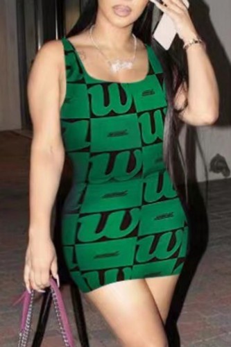 Vestidos de colete com estampa casual sensuais verdes básicos com decote em U