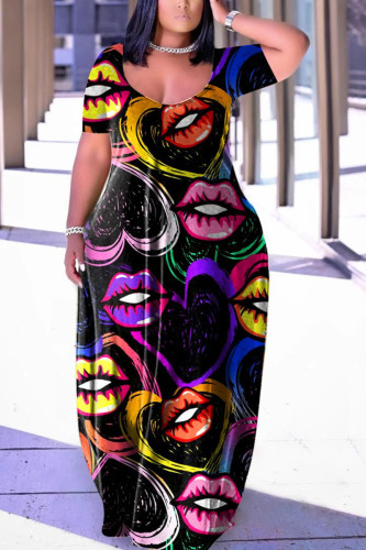 Vestido colorido estampado street patchwork estampado decote em U vestidos tamanho grande