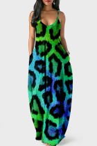 Vestido longo verde sexy com estampa de leopardo sem costas e alça fina