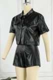 Black Sexy Casual Solid Basic Turndown Collar Short Sleeve Two Pieces