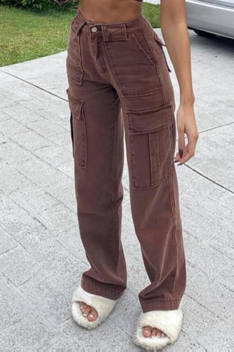 Jeans jeans reto casual marrom patchwork cintura alta