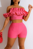 Rose Red Sexy Solid Patchwork Fold Off the Shoulder Short Sleeve Two Pieces