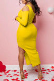 Yellow Sexy Solid Patchwork Asymmetrical Oblique Collar Irregular Club Dress