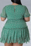 Green Casual Print Patchwork O Neck Cake Skirt Plus Size Dresses