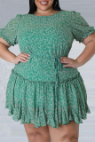 Green Casual Print Patchwork O Neck Cake Skirt Plus Size Dresses
