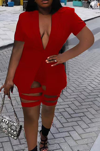 Red Sexy Solid Ripped Turndown Collar Short Sleeve Two Pieces