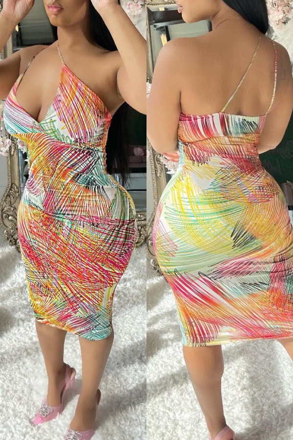 Robes de robe sans manches à bretelles spaghetti imprimées multicolores sexy