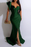 Green Elegant Solid Patchwork Zipper Collar Evening Dress Dresses