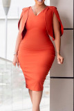 Vestidos saia única com decote em V e elegante vermelho tangerina