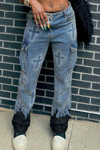 Jeans jeans azul bebê casual com estampa de rua patchwork cintura média