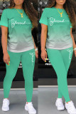 Light Green Casual Letter Print Basic O Neck Short Sleeve Two Pieces