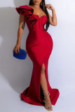 Red Elegant Solid Patchwork Zipper Collar Evening Dress Dresses