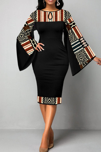 Black Brown Casual Elegant Print Patchwork O Neck One Step Skirt Dresses
